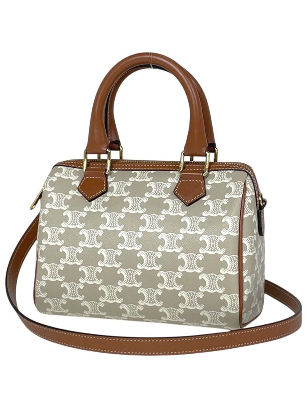 Celine Triomphe Small Boston Handbag 2-Way Beige Brown